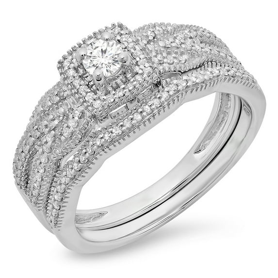 0.45 Carat (ctw) 18K White Gold Round Cut Diamond Ladies Bridal Halo Engagement Ring With Matching Band Set 1/2 CT