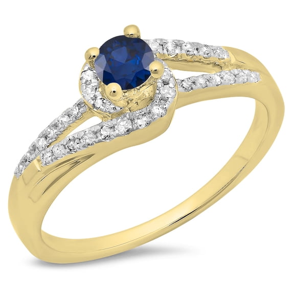 0.45 Carat (ctw) 18K Yellow Gold Round Cut Blue Sapphire & White Diamond Ladies Twisted Split Shank Bridal Engagement Ri