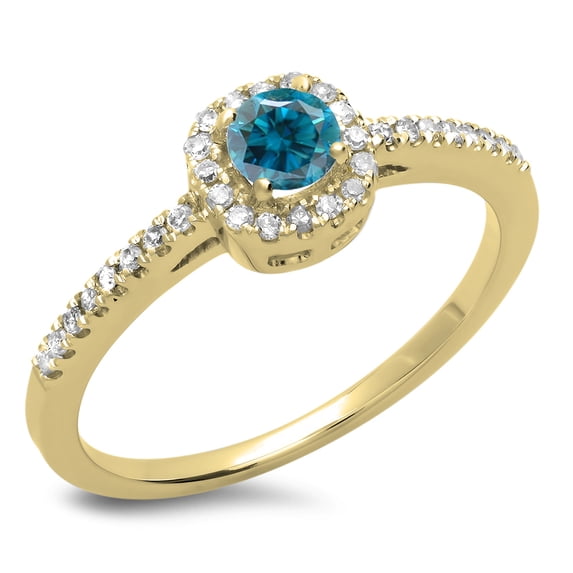 0.45 Carat (ctw) 18K Yellow Gold Round Cut Blue & White Diamond Ladies Halo Style Bridal Engagement Ring 1/2 CT