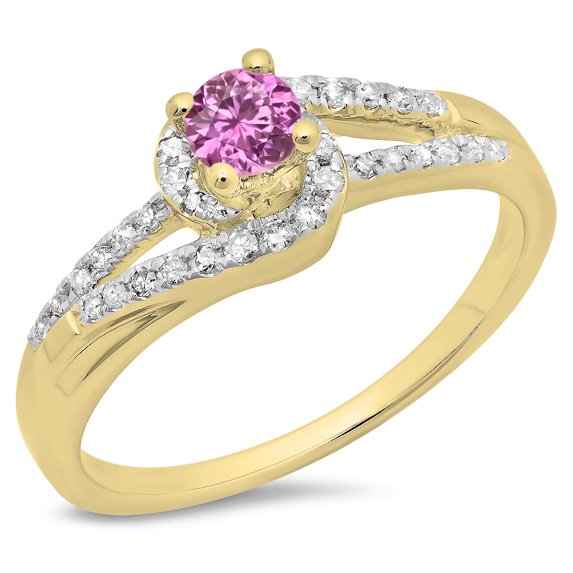 0.45 Carat (ctw) 18K Yellow Gold Round Cut Pink Sapphire & White Diamond Ladies Twisted Split Shank Bridal Engagement Ri