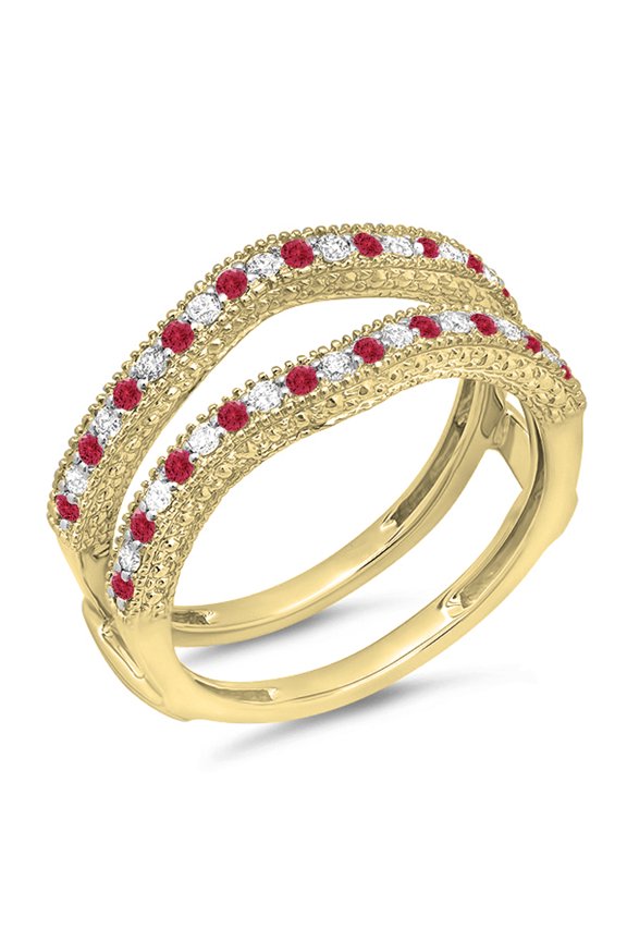 0.45 Carat (ctw) 18K Yellow Gold Round Red Ruby & White Diamond Ladies Anniversary Wedding Band Millgrain Guard Double R