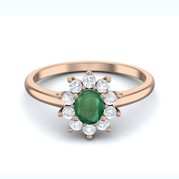 0.45 Cts Oval Emerald 925 Sterling Silver Rose Vermeil Solitaire Halo Engagement Women Mother's Day Gift Ring