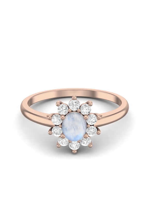 0.45 Ct Oval Moonstone 925 Sterling Silver Rose Vermeil Solitaire Halo Engagement Women Ring