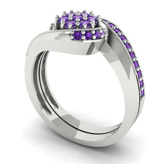 0.45 ct Brilliant Round Cut Natural Amethyst 14k White Gold Solitaire with Accents Engagement Bridal Wedding Ring Band Set size 9.75