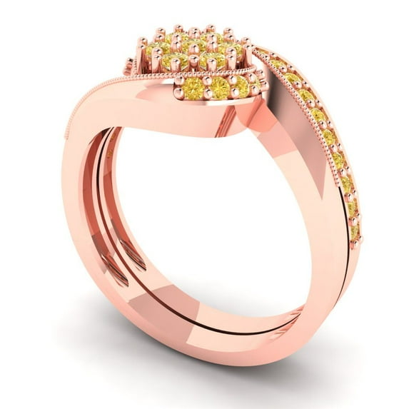 0.45 ct Brilliant Round Cut Natural Citrine 18K Rose Gold Solitaire with Accents Engagement Bridal Wedding Ring Band Set size 3.75