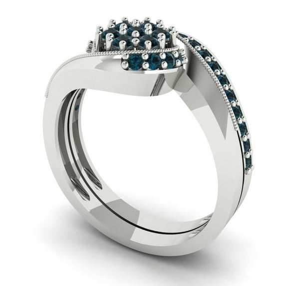 0.45 ct Brilliant Round Cut Natural London Blue Topaz 18K White Gold Solitaire with Accents Engagement Bridal Wedding Ring Band Set size 9.25