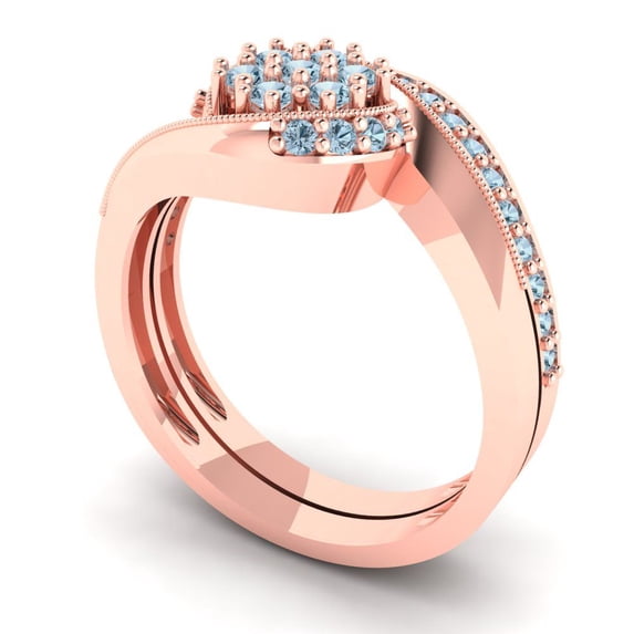 0.45 ct Brilliant Round Cut Natural Swiss Blue Topaz 14K Rose Gold Solitaire with Accents Engagement Bridal Wedding Ring Band Set size 8.5