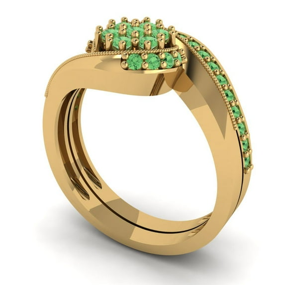 0.45 ct Brilliant Round Cut Green Zircon 14K Yellow Gold Solitaire with Accents Engagement Bridal Wedding Ring Band Set size 5.5