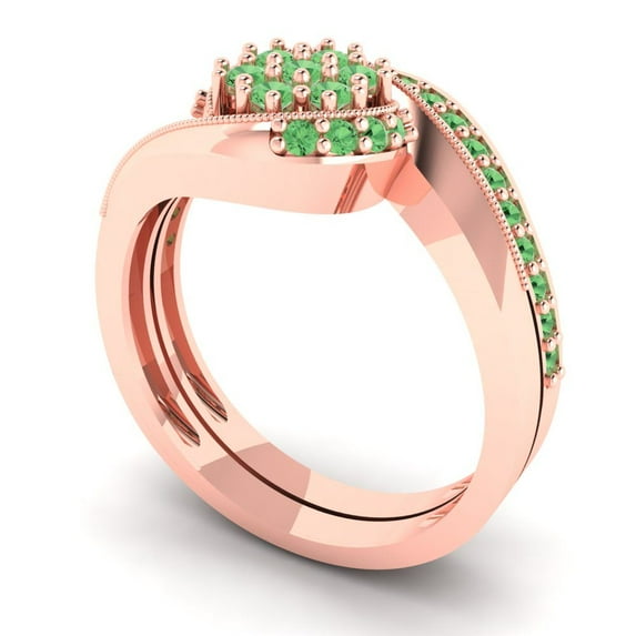 0.45 ct Brilliant Round Cut Green Zircon 18K Rose Gold Solitaire with Accents Engagement Bridal Wedding Ring Band Set size 5.25