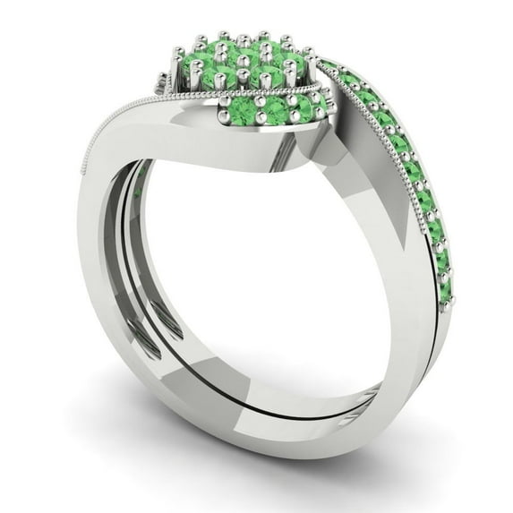 0.45 ct Brilliant Round Cut Green Zircon 18K White Gold Solitaire with Accents Engagement Bridal Wedding Ring Band Set size 6.75