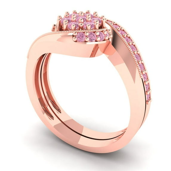 0.45 ct Brilliant Round Cut Pink Zircon 18K Rose Gold Solitaire with Accents Engagement Bridal Wedding Ring Band Set size 3.5