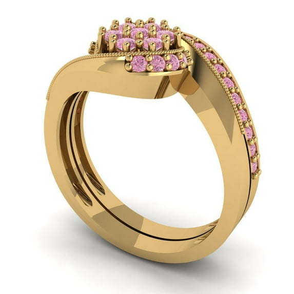 0.45 ct Brilliant Round Cut Pink Zircon 18K Yellow Gold Solitaire with Accents Engagement Bridal Wedding Ring Band Set size 4.25
