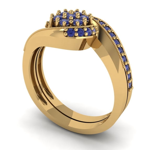0.45 ct Brilliant Round Cut Tanzanite 18K Yellow Gold Solitaire with Accents Engagement Bridal Wedding Ring Band Set size 8.75