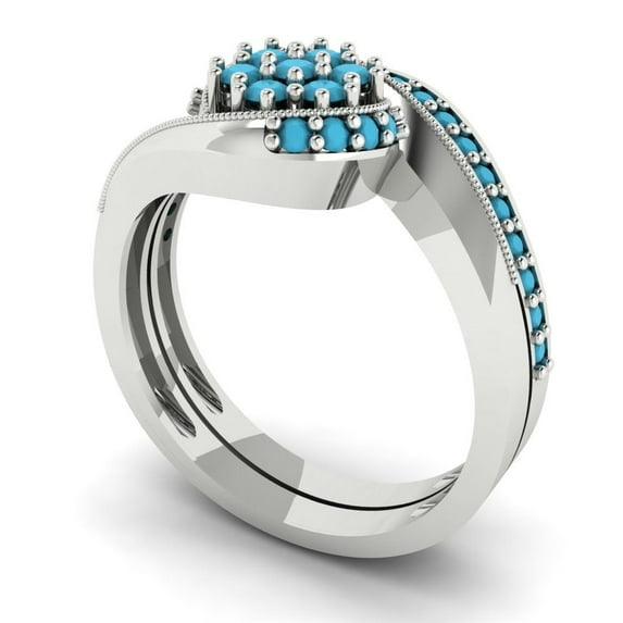 0.45 ct Brilliant Round Cut Turquoise 18K White Gold Solitaire with Accents Engagement Bridal Wedding Ring Band Set size 6.75