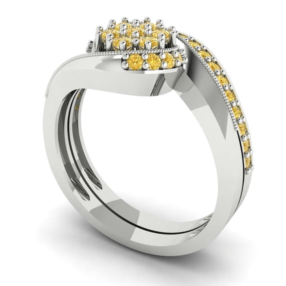 0.45 ct Brilliant Round Cut Yellow Zircon 14k White Gold Solitaire with Accents Engagement Bridal Wedding Ring Band Set size 10
