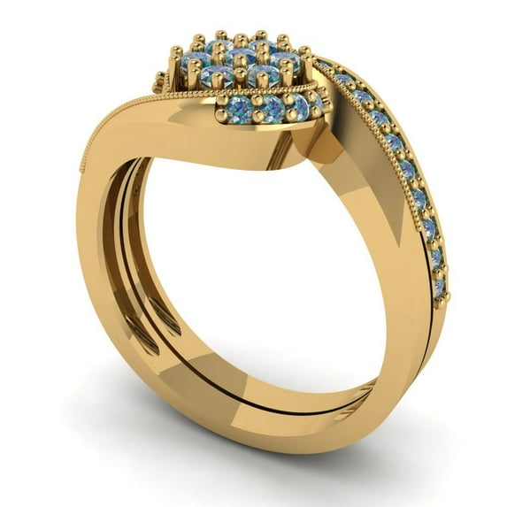 0.45 ct Brilliant Round Cut Blue Moissanite 14K Yellow Gold Solitaire with Accents Engagement Bridal Wedding Ring Band Set size 8.75