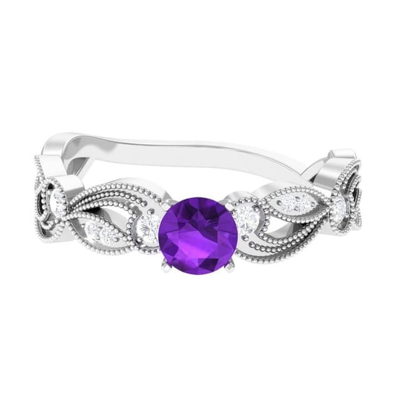 0.45ct Round Antique Style Amethyst and CZ Ring with Beaded Detailing 925 Sterling Silver Engagement Ring for Women