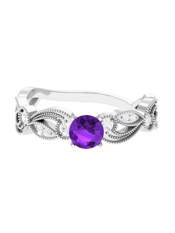 0.45ct Round Antique Style Amethyst and CZ Ring with Beaded Detailing 925 Sterling Silver Engagement Ring for Women