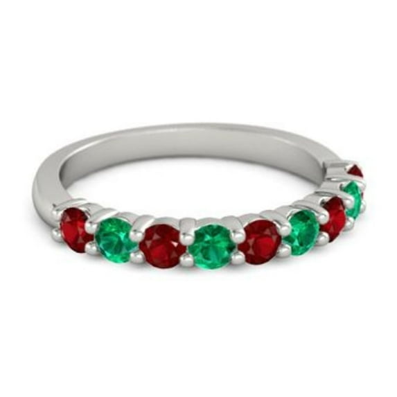 0.45ct Round Cut Red Ruby Emerald Eternity Band Ring 925 Sterling Silver Anniversary Ring Jewelry Size:- 7.5