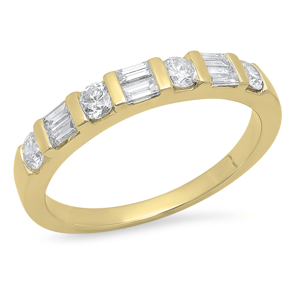 0.47 CT 10K Yellow Gold Round & Baguette Cut White Diamond Ladies ...