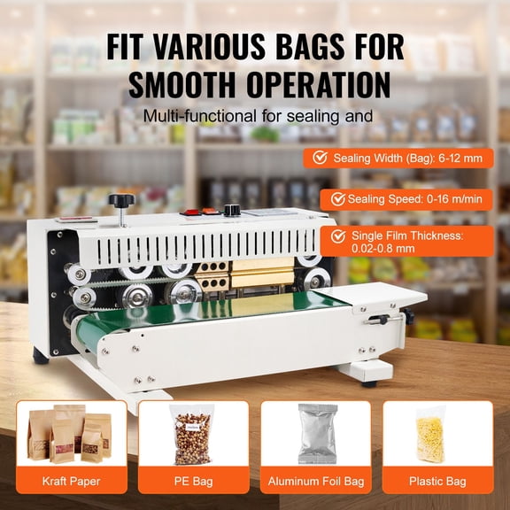 Continuous Bag Band Sealing Machine, 600W Horizontal Sealer with 0.24-0.47 in Seal Width, Digital Temperature Control, Count Function for 0.02-0.8 mm Plastic Bags and Packaging Use