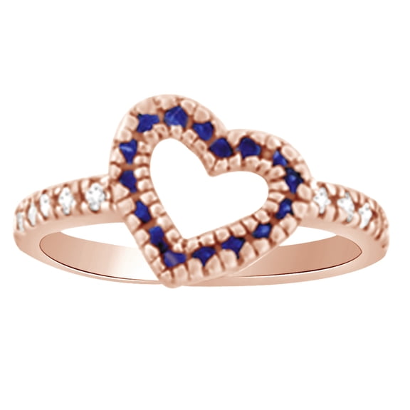 AFFY (0.48 cttw) Simulated Blue Sapphire & White Natural Diamond Heart Promise Ring In 14k Rose Gold