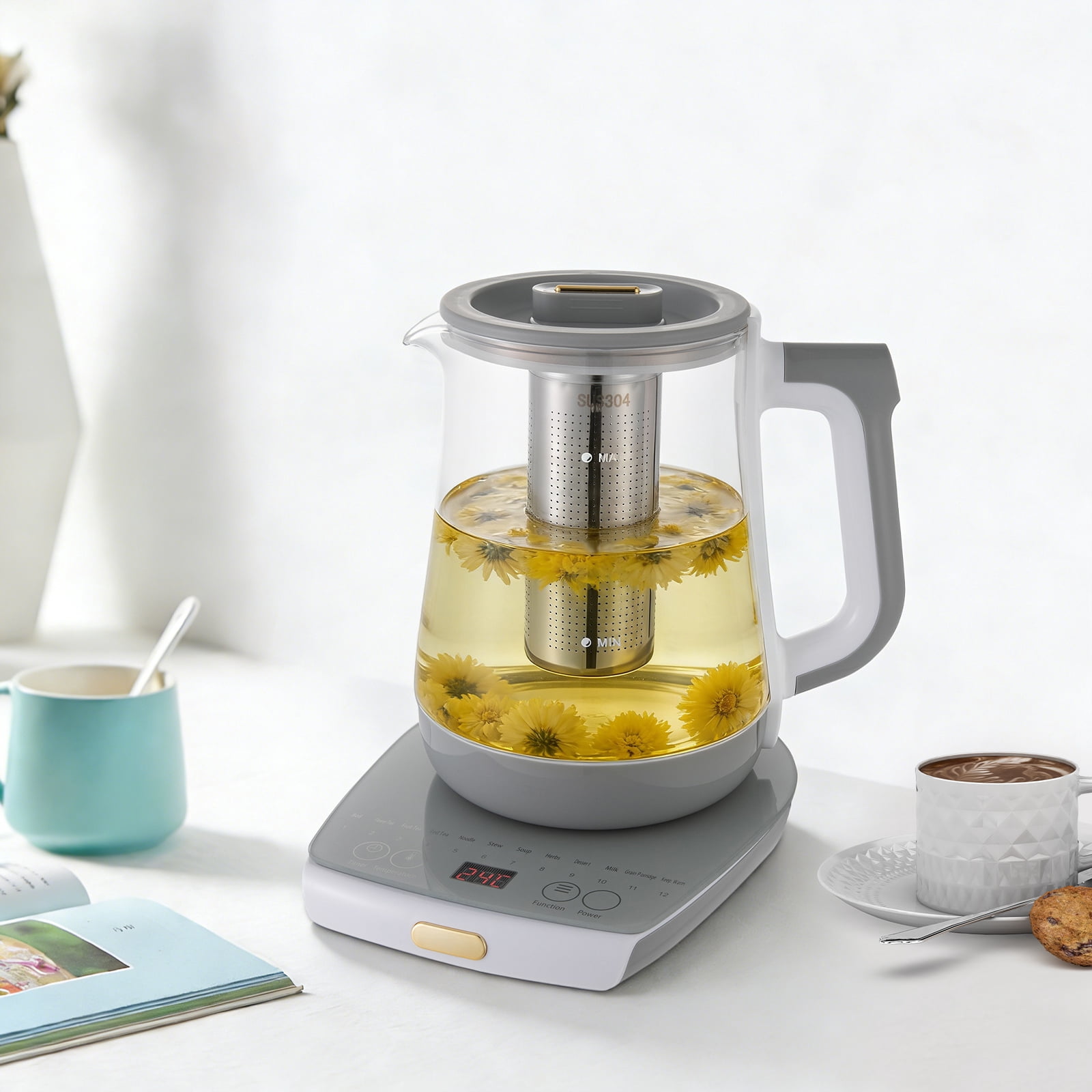 0.48gal Electric Tea Kettle with Strainer, 800W Tea Water Boiler, Modern Glass Tea Maker, Health Pot