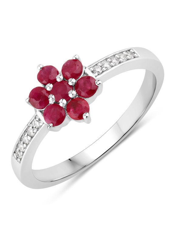 0.49 Ct Round Red Mozambique Ruby and Lab Diamond Prong Silver Pave Floral Ring