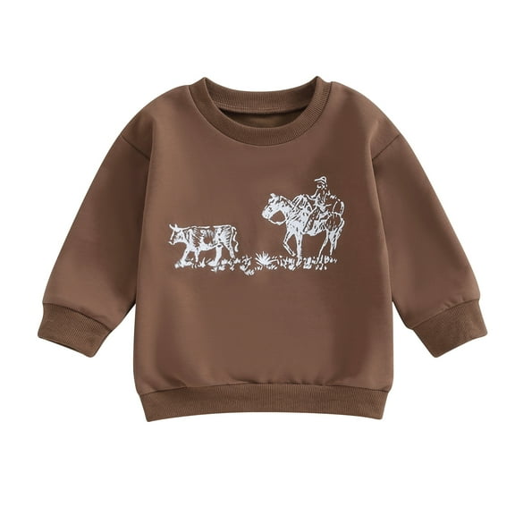 0-4Y Autumn Infant Baby Boys Girls Western T Shirts 6M 12M 18M 24M 3Y 4Y Cow Cattle Print Long Sleeve Pullover Sweatshirt Tops