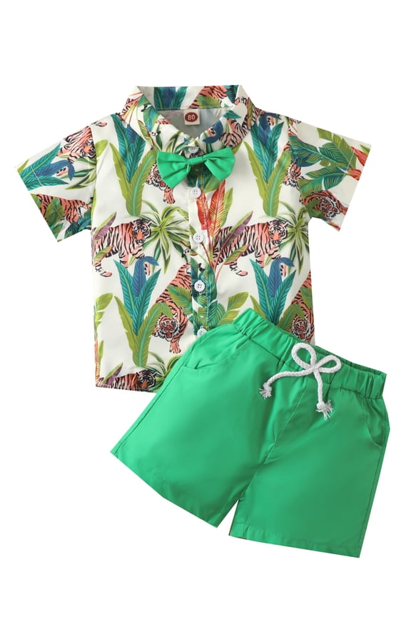 0-4Y Summer Gentleman Baby Boys Clothes Sets Animal Forest Printed Shirts Tops With Bow Tie+Shorts Clothing