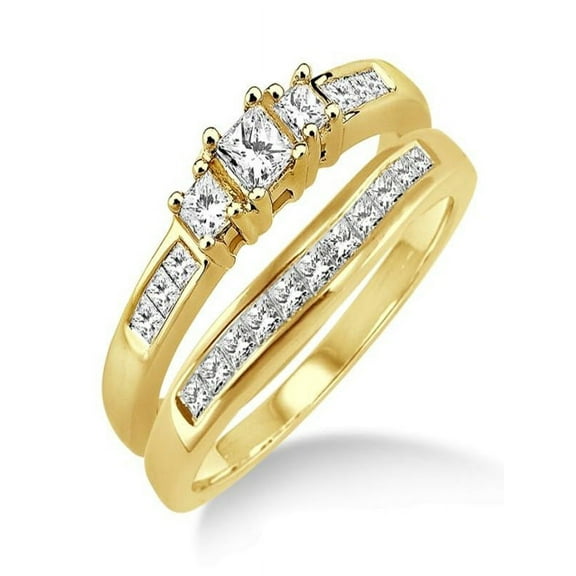 0.5 Carat Elegant Three Stone Trilogy Princess Cut Bridal set in 10k Yellow Gold