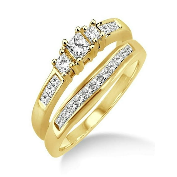 0.5 Carat Elegant Three Stone Trilogy Princess Cut Bridal set in 10k Yellow Gold