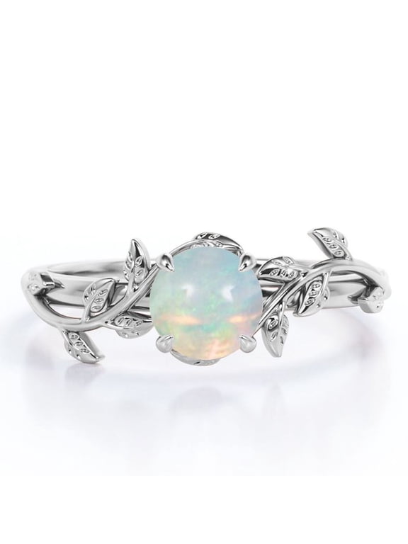 0.5 CaratRound Shape Australian Opal - Botanical Design - Four Prong Solitaire Engagement Ring - 18K White Gold Plating Over Silver