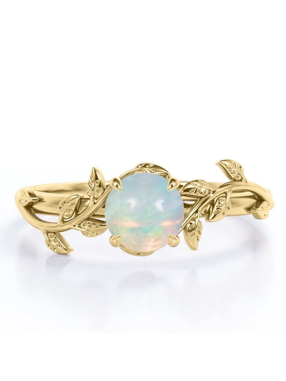 0.5 CaratRound Shape Australian Opal - Botanical Design - Four Prong Solitaire Engagement Ring - 18K Yellow Gold Plating Over Silver