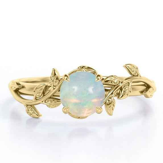 JeenMata 0.5 CaratRound Shape Australian Opal - Botanical Design - Four Prong Solitaire Engagement Ring - 18K Yellow Gold Plating Over Silver