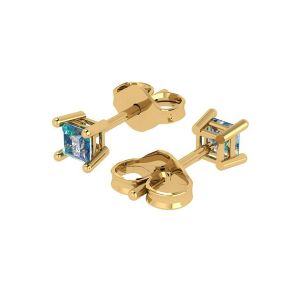 0.5 Ct Princess Cut Studs Blue Moissanite 18K Yellow Solid Solid Gold Everyday Dainty Earrings Push Back