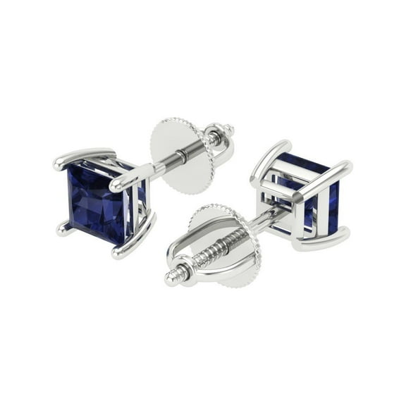 0.5 Ct Princess Cut Studs Blue Sapphire 14K White Solid Solid Gold Everyday Dainty Earrings Screw Back