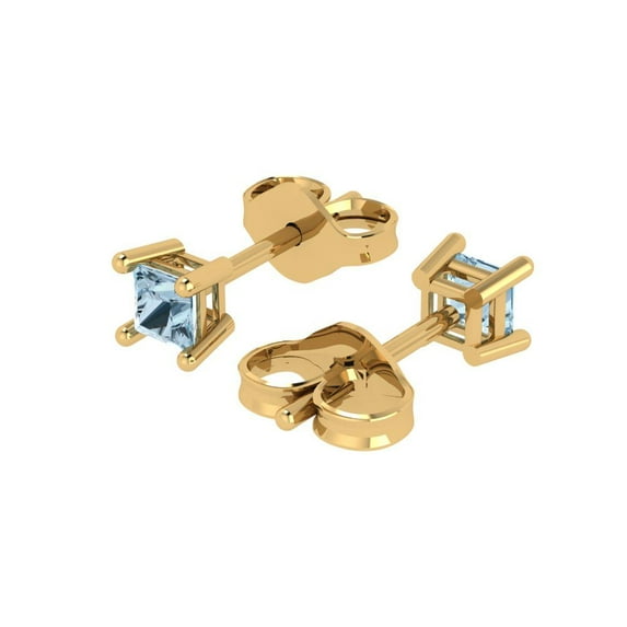 0.5 Ct Princess Cut Studs Blue Crystal 18K Yellow Solid Gold Everyday Dainty Earrings Push Back