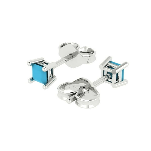0.5 Ct Princess Cut Studs Blue Turquoise 18K White Solid Solid Gold Everyday Dainty Earrings Push Back