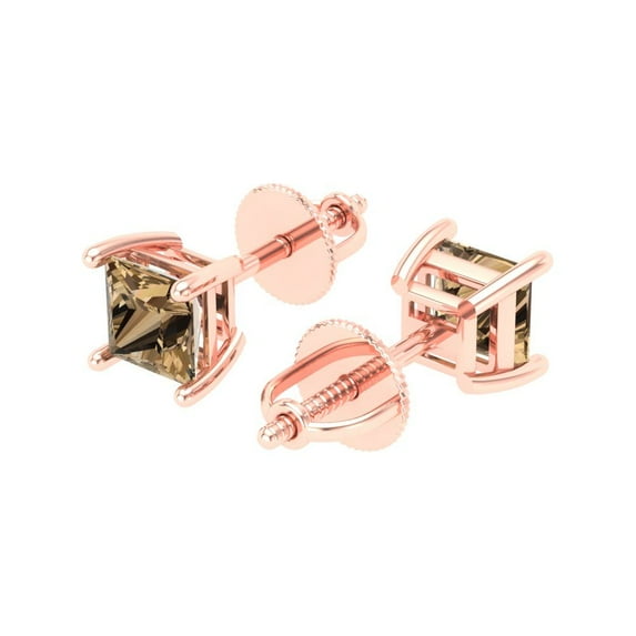 0.5 Ct Princess Cut Studs Champagne Crystal 18K Rose Solid Gold Everyday Dainty Earrings Screw Back