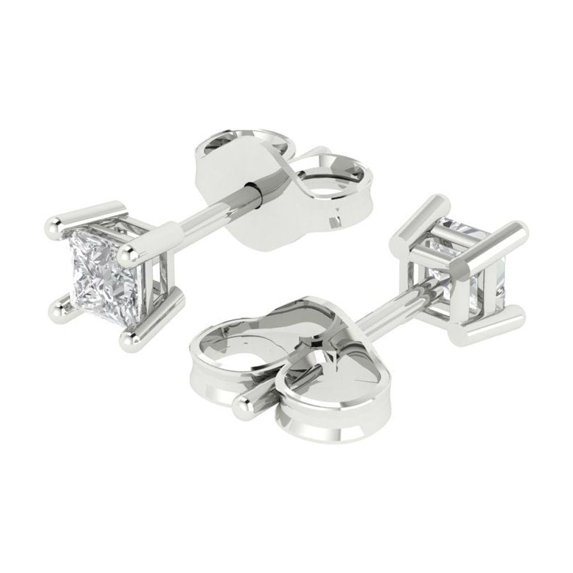 0.5 Ct Princess Cut Studs Clear Crystal 14K White Solid Gold Everyday Dainty Earrings Push Back