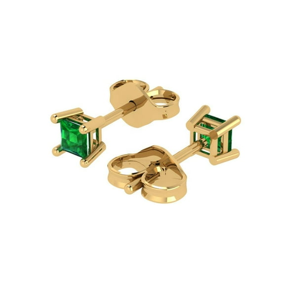 0.5 Ct Princess Cut Studs Green Emerald 18K Yellow Solid Solid Gold Everyday Dainty Earrings Push Back