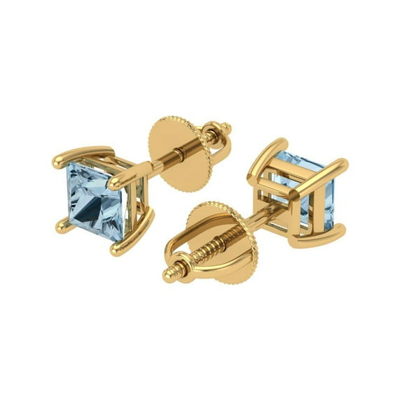 0.5 Ct Princess Cut Studs Natural Sky Blue Topaz 18K Yellow Solid Solid Gold Everyday Dainty Earrings Screw Back