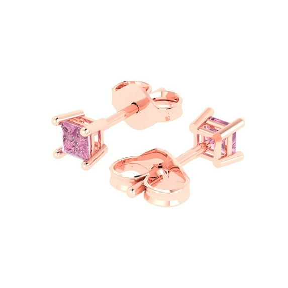 0.5 Ct Princess Cut Studs Pink Crystal 18K Rose Solid Gold Everyday Dainty Earrings Push Back