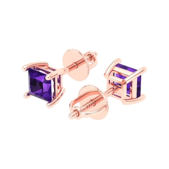 0.5 Ct Princess Cut Studs Purple Natural Amethyst 14K Rose Solid Solid Gold Everyday Dainty Earrings Screw Back