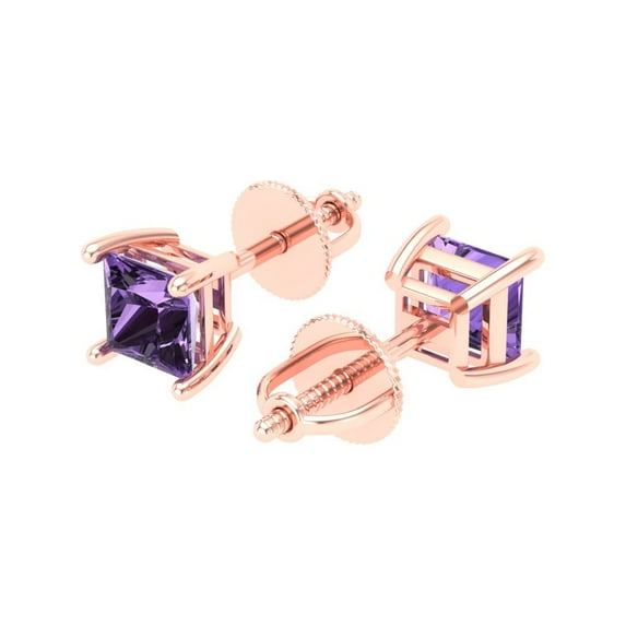 0.5 Ct Princess Cut Studs Purple Alexandrite 18K Rose Solid Solid Gold Everyday Dainty Earrings Screw Back