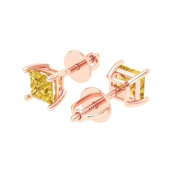0.5 Ct Princess Cut Studs Yellow Natural Citrine 18K Rose Solid Solid Gold Everyday Dainty Earrings Screw Back