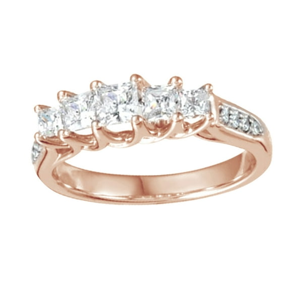AFFY 0.5 Ct Princess Cut White Diamond Five Stone Engagement Band Ring In 14K Solid Rose Gold
