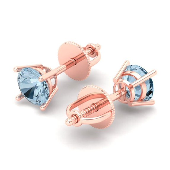 0.5 Ct Round Cut Studs Blue Crystal 14K Rose Solid Gold Everyday Dainty Earrings Screw Back
