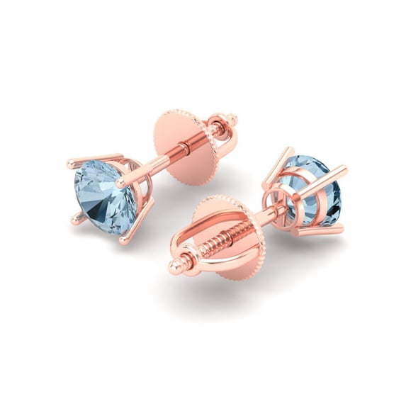0.5 Ct Round Cut Studs Blue Crystal 18K Rose Solid Gold Everyday Dainty Earrings Screw Back
